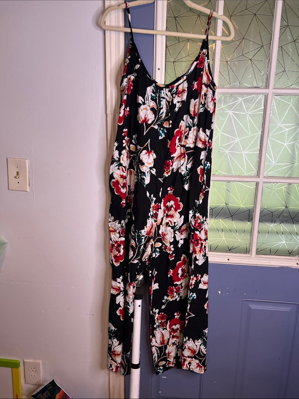 Black Floral Wide-Leg Jumpsuit with Spaghetti Straps